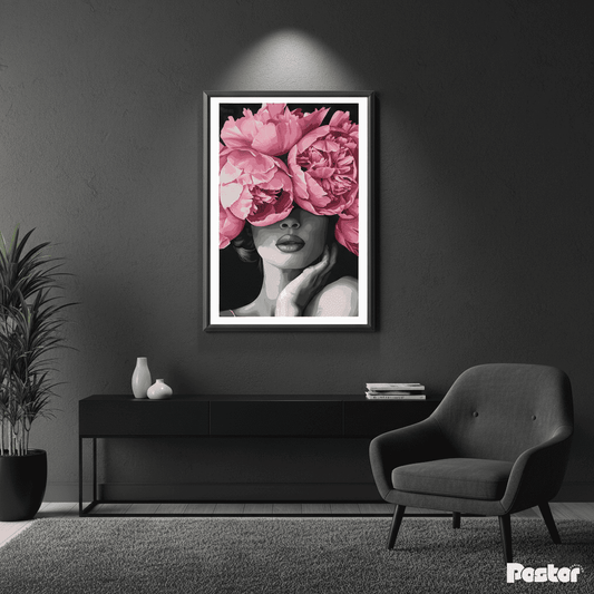 Black and White Portrait with Pink Peonies Flower Crown Art - Framed Poster #P118 - Postor.pk