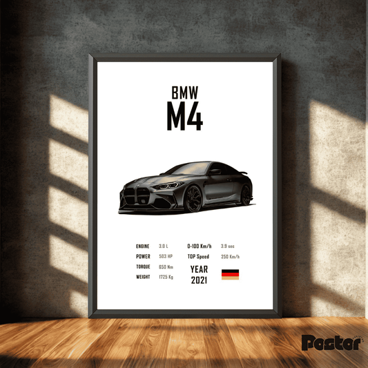BMW M4 Vehicle Specs Framed Poster - #P055 - Postor.pk