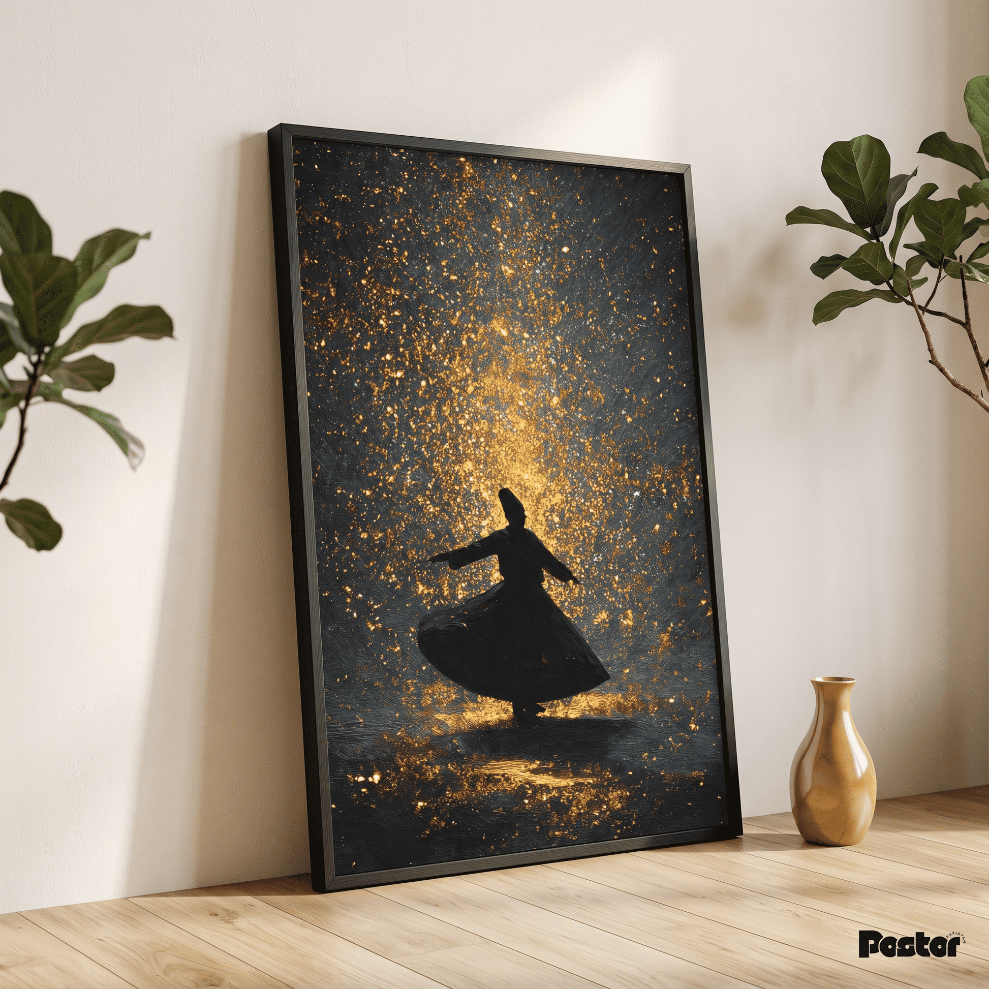 Golden Starry Night Sufi Whirling Dervish Wall Art - Postor.pk