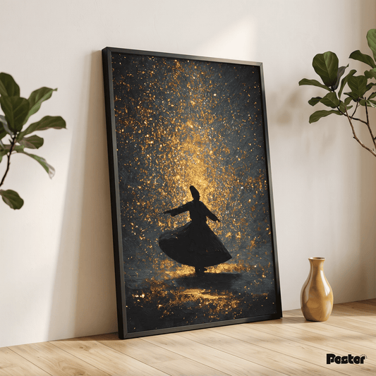 Golden Starry Night Sufi Whirling Dervish Wall Art - Postor.pk