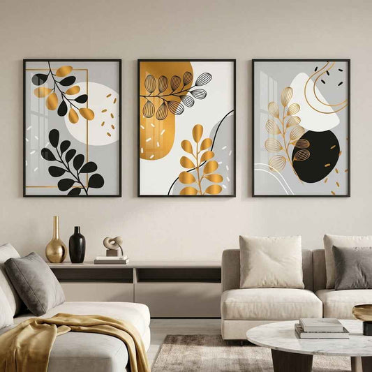 Golden Botanical Abstract Triptych