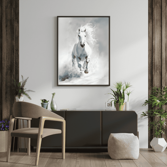 White Horse Galloping Framed Art Poster - #P047