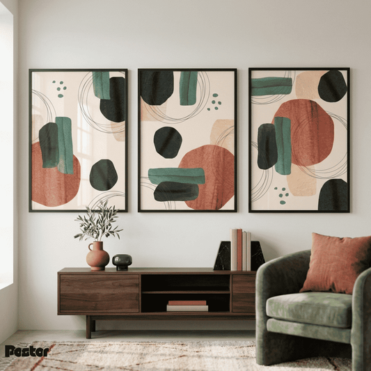 Green, Terracotta & Black Abstract Shape Wall Art Set - Postor.pk