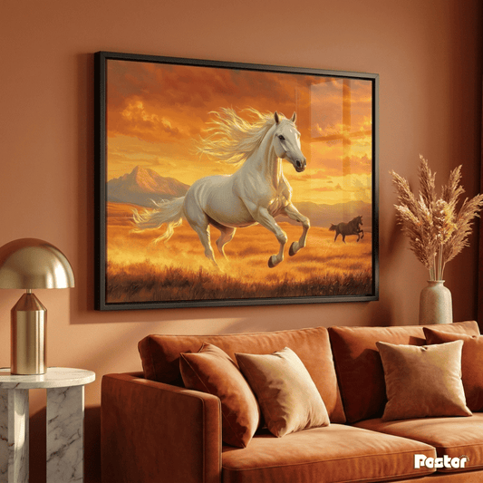 Horse Running at Blazing Sunset Over Mountain Plains - Postor.pk