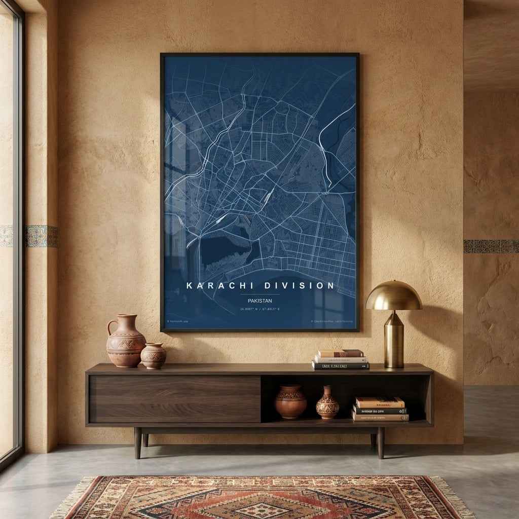 Karachi Division Blueprint Map Art | Royal Blue & White Minimalist City Wall Decor