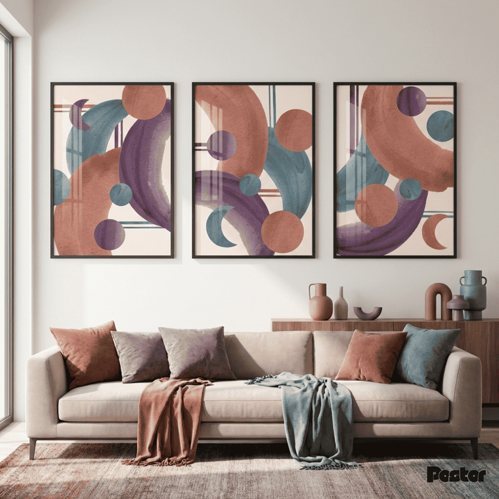 Mauve, Terracotta & Teal Watercolor Circle Wall Art Set - Postor.pk