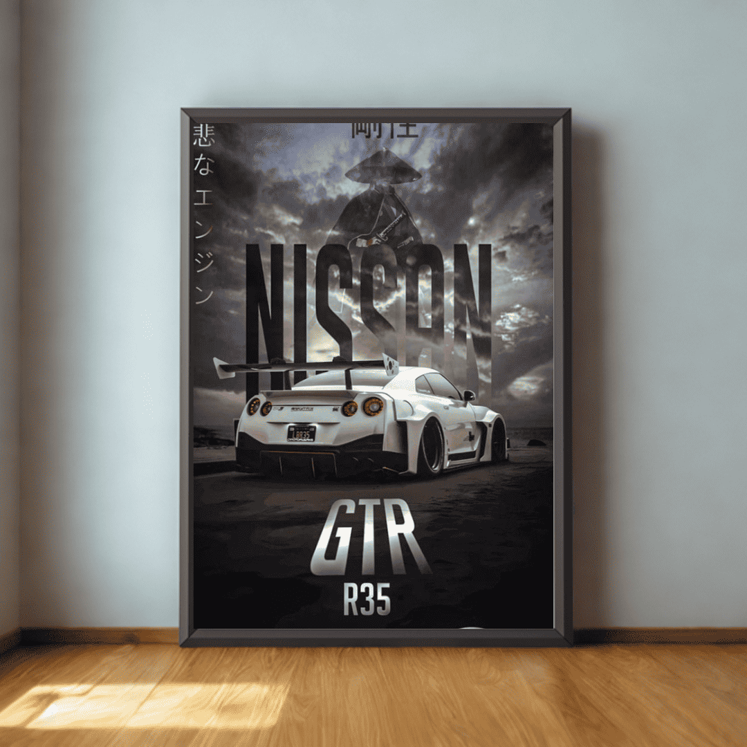 Framed poster of a Nissan GTR R35 with a dark, dramatic sky.