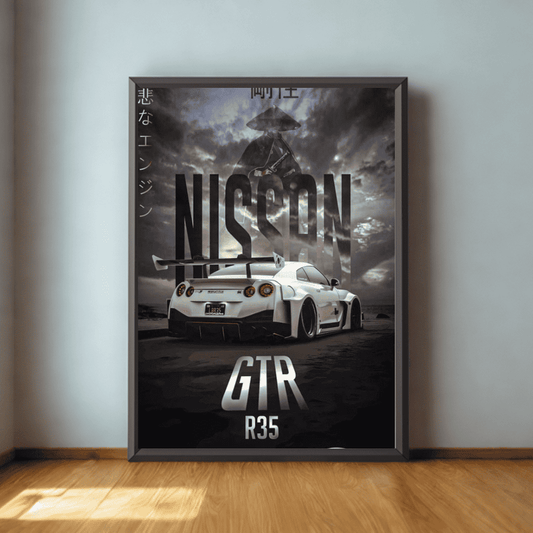 Framed poster of a Nissan GTR R35 with a dark, dramatic sky.