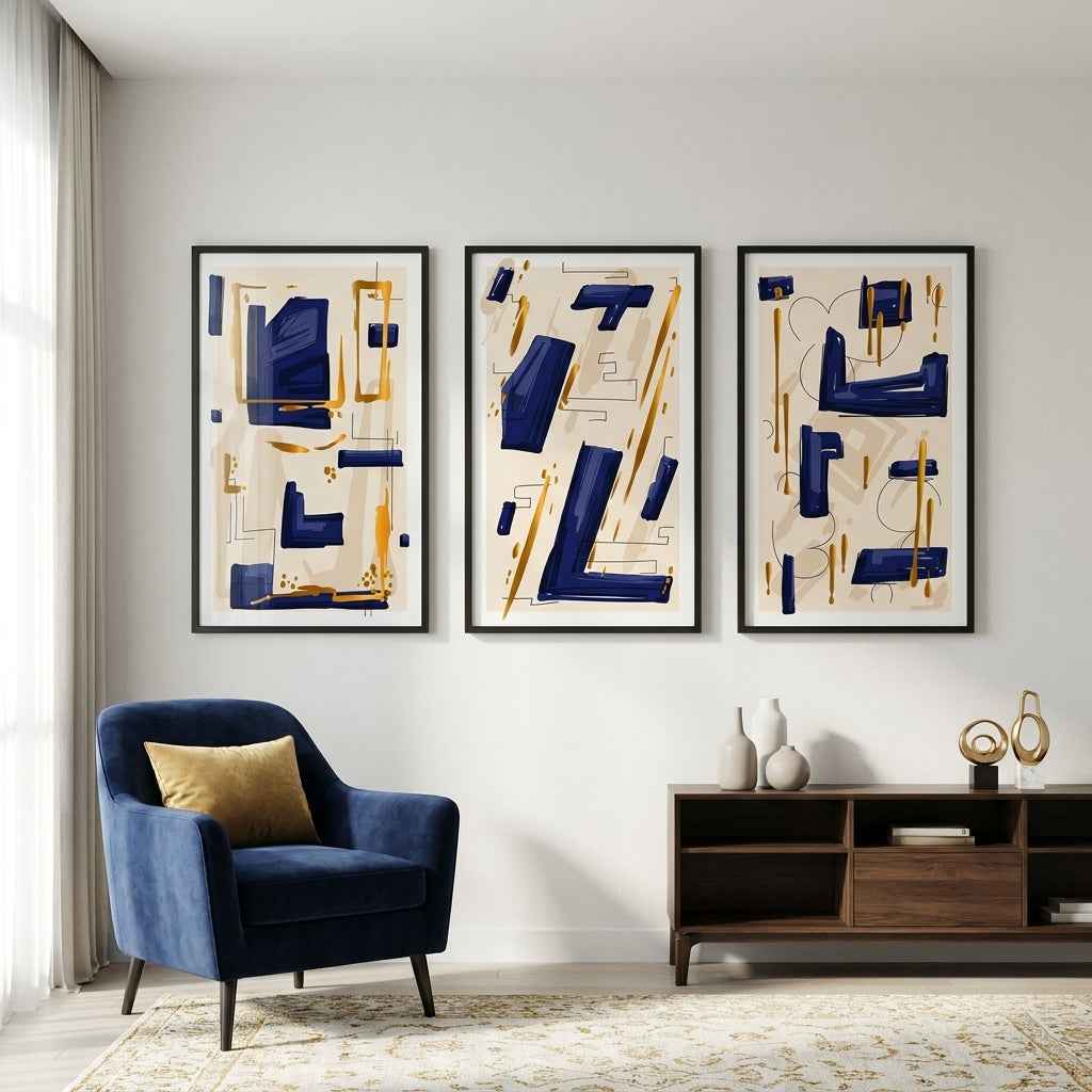Modern Urban Abstract Triptych | Premium 3-Piece Navy & Gold Gallery Set