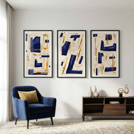 Modern Urban Abstract Triptych | Premium 3-Piece Navy & Gold Gallery Set