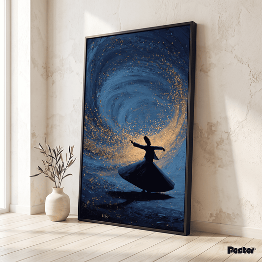 Mystic Blue & Gold Whirling Dervish Canvas Wall Art - Postor.pk