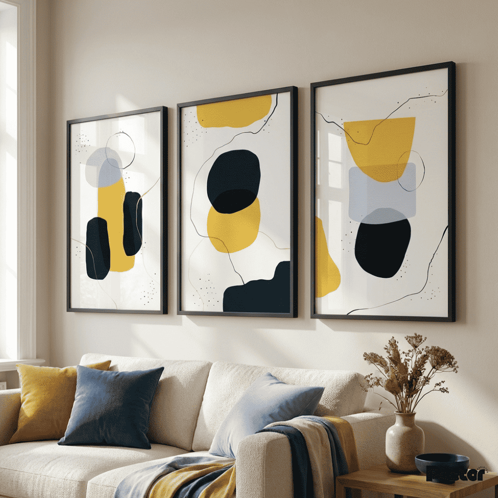 Navy & Yellow Minimalist Geometric Shape Wall Art Set - Postor.pk
