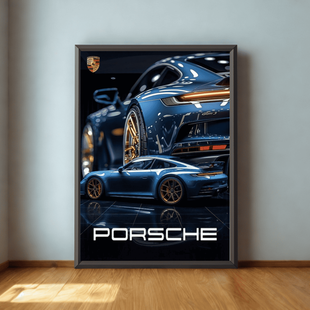 Framed poster of a blue Porsche car on a wall.