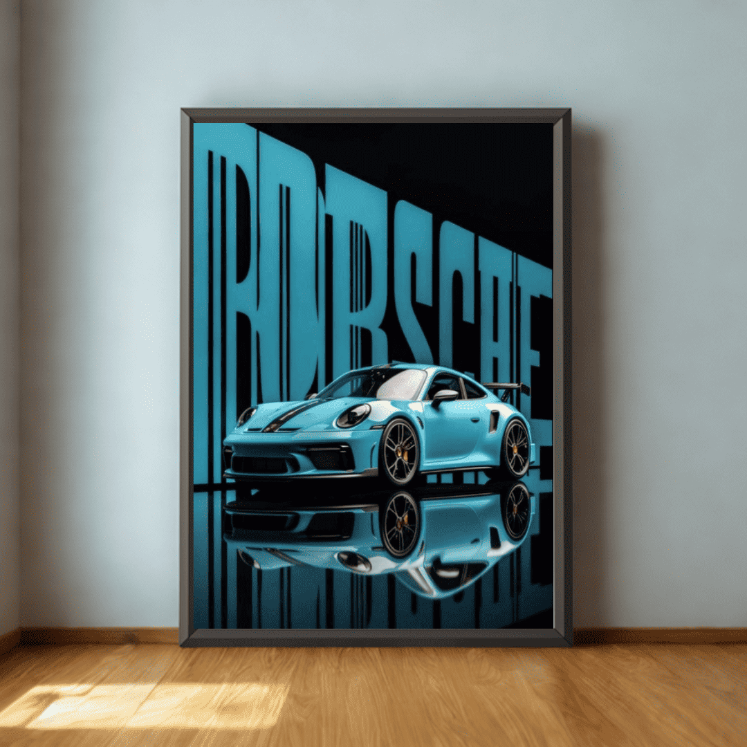 Framed poster of a blue Porsche sports car with 'ADRENALINE' text on a wall.