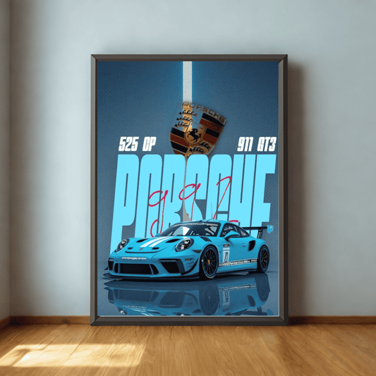 Framed poster of a blue Porsche car with racing details on a light gray wall.