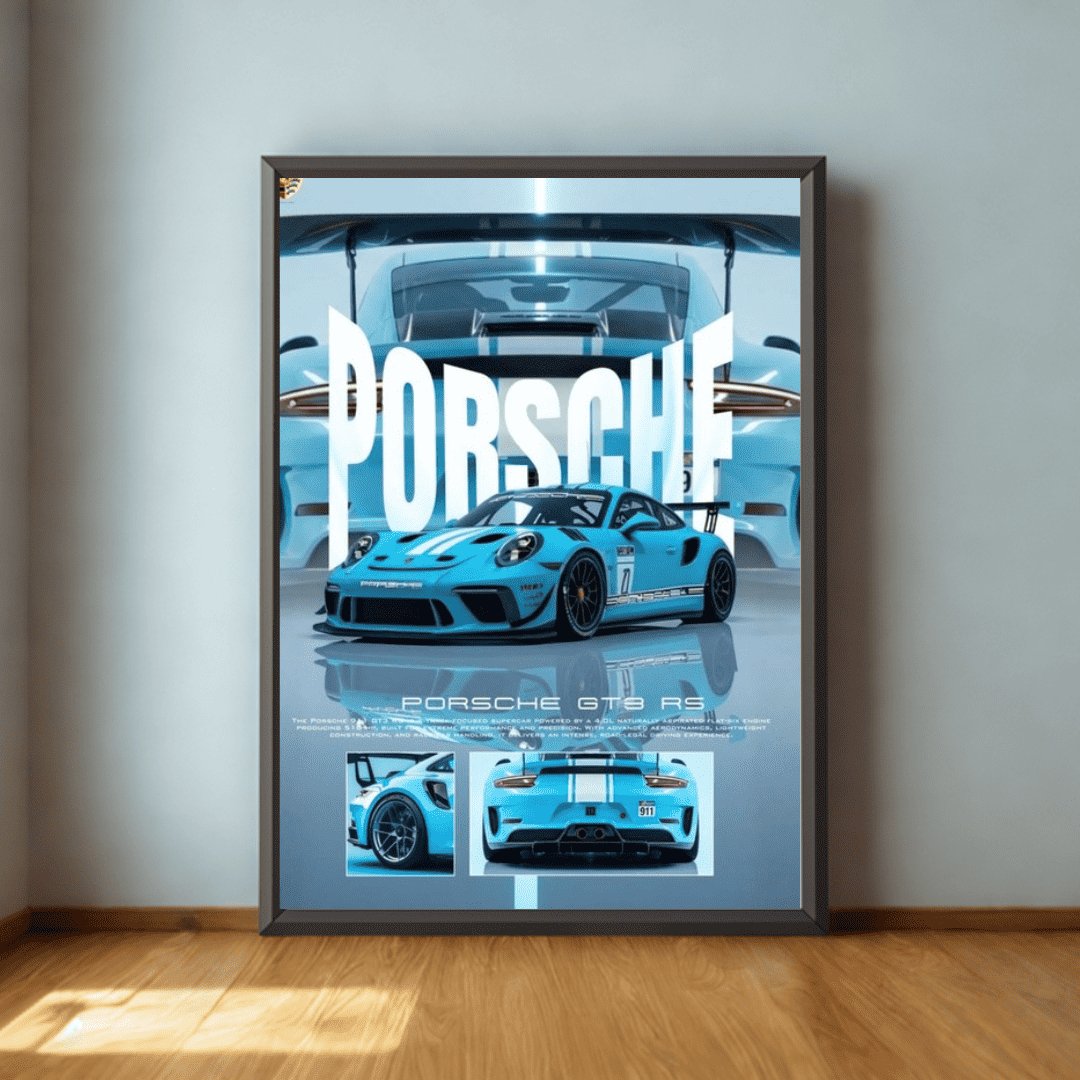 Framed poster of a blue Porsche GT3 RS car on a gray wall.