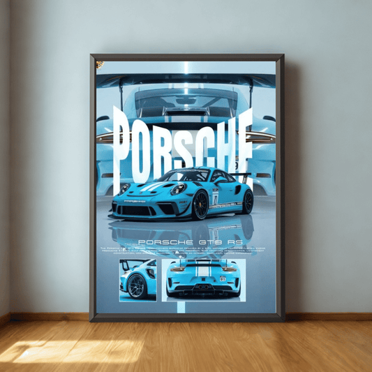 Framed poster of a blue Porsche GT3 RS car on a gray wall.