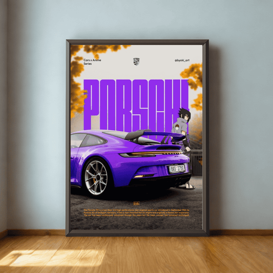 Framed poster of a purple Porsche car with 'Porsche' text on a wall.