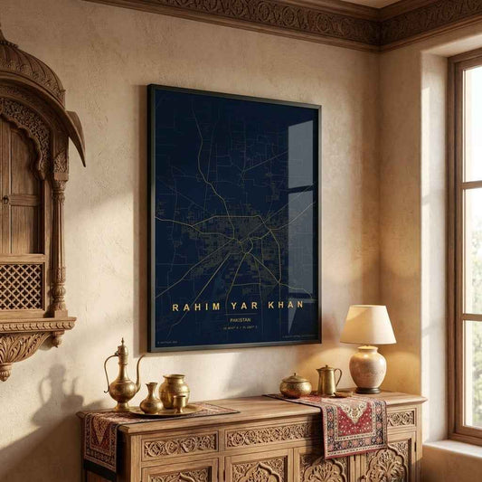 Rahim Yar Khan City Map Art | Midnight Blue & Gold Minimalist Wall Decor