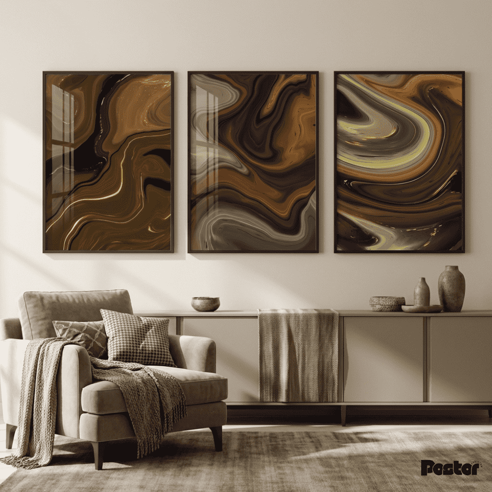 Rich Brown & Gold Marble Fluid Wall Art Set - Postor.pk