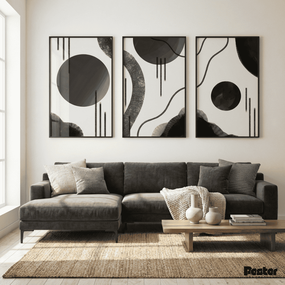 Black & White Bold Circle Abstract Wall Art Set - Postor.pk
