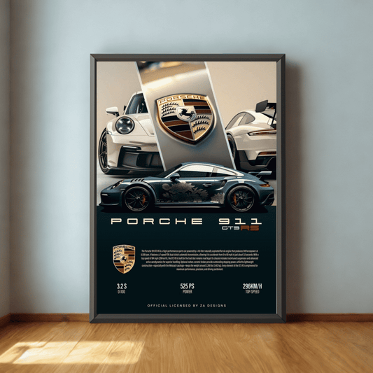 Framed poster of Porsche 911 cars on a wall