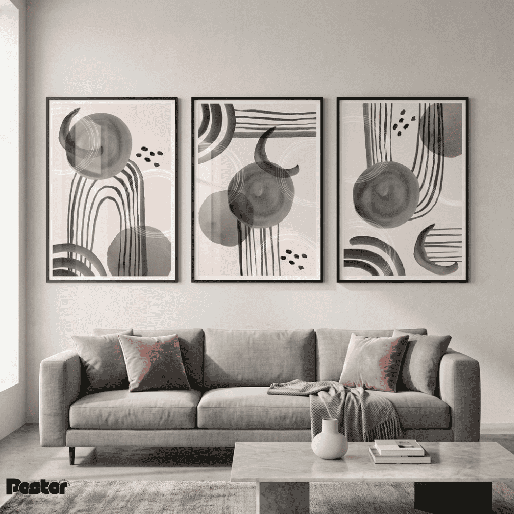 Soft Pink & Charcoal Abstract Ink Wall Art Set - Postor.pk