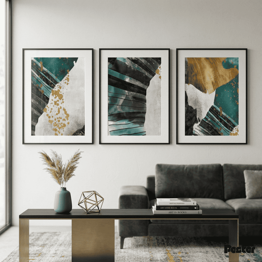 Teal, Black & Gold Textured Abstract Wall Art Set - Postor.pk