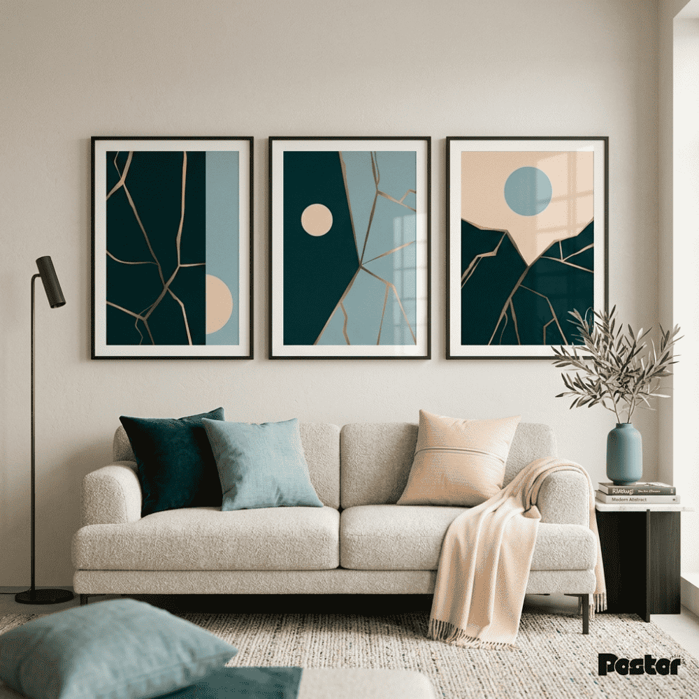 Living room with a beige sofa, decorative pillows, and abstract art on the wall.