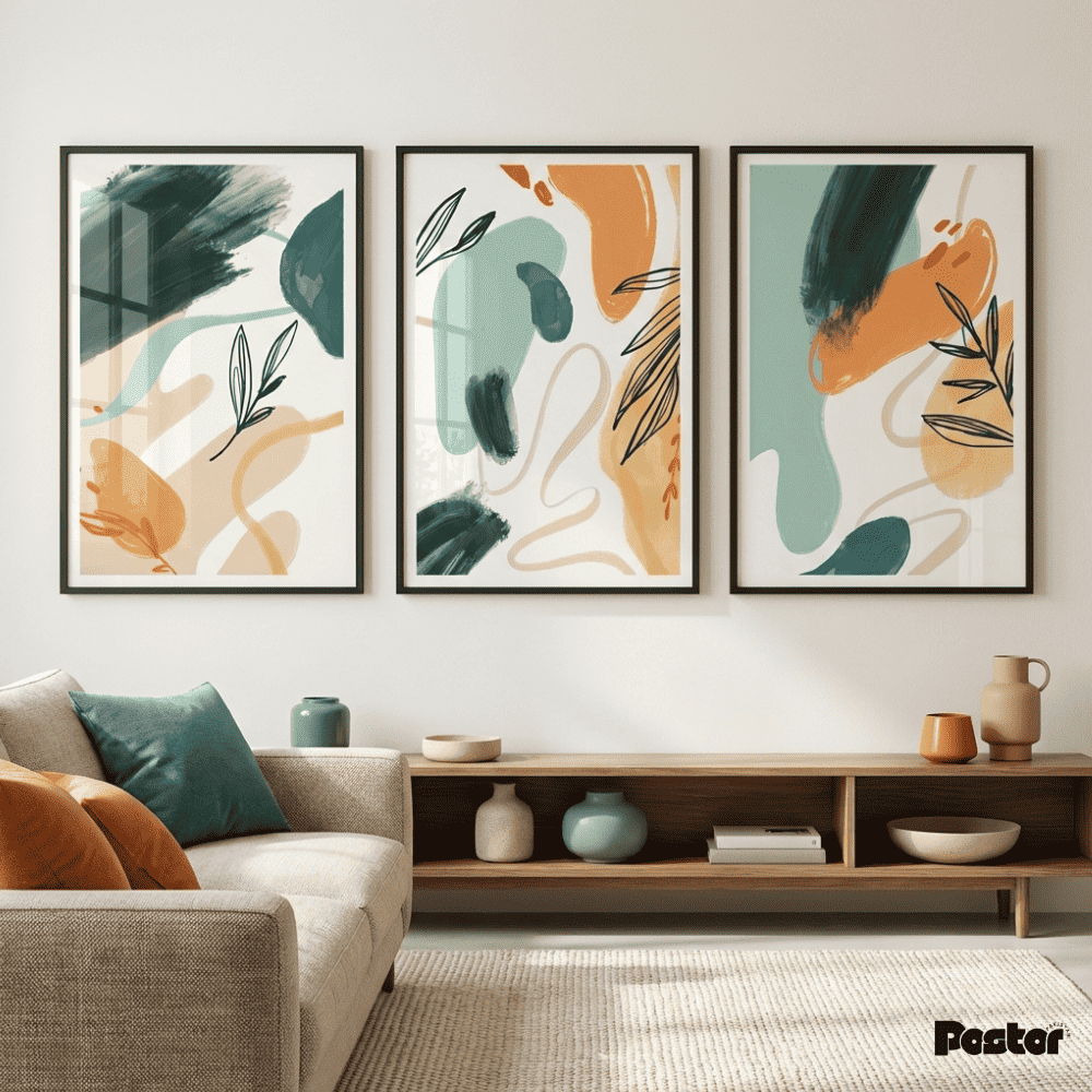 Teal, Orange & Olive Abstract Botanical Wall Art Set - Postor.pk