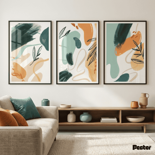 Teal, Orange & Olive Abstract Botanical Wall Art Set - Postor.pk