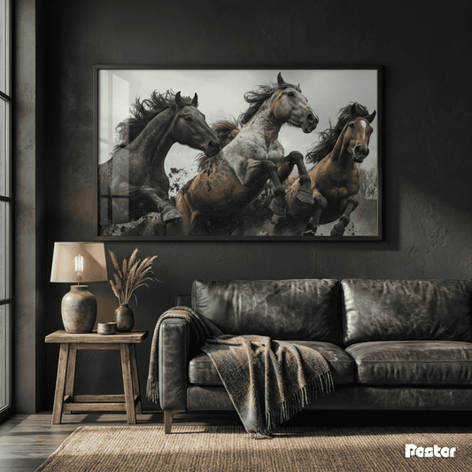 Three Wild Horses Rearing & Charging in Stormy Dramatic Scene - Postor.pk