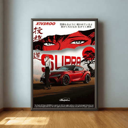 Framed poster of a red sports car with a person and Japanese text on a light gray wall.