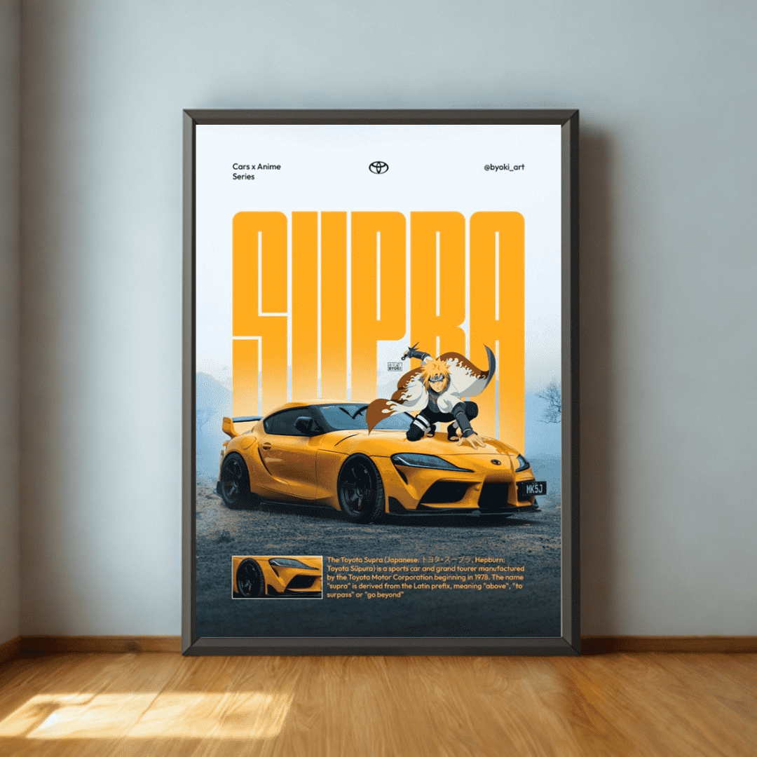 Framed poster of a yellow sports car with 'Supra' text on a wall.