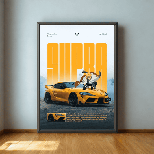 Framed poster of a yellow sports car with 'Supra' text on a wall.