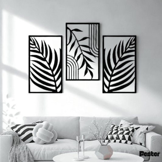 Modern Black and White Leaves 3-Piece Acrylic Wall Art Set - #A005 - Postor.pk