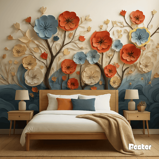 3D Paper Flower Tree Wall Mural - Wallpaper - #W006 - Postor.pk