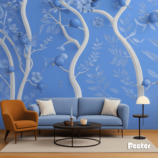 “Sky Garden” Whimsical Bird & Tree Wallpaper Mural - #W012 - Postor.pk