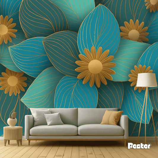 “Gilded Bloom” Modern Floral Wallpaper Mural - #W009 - Postor.pk