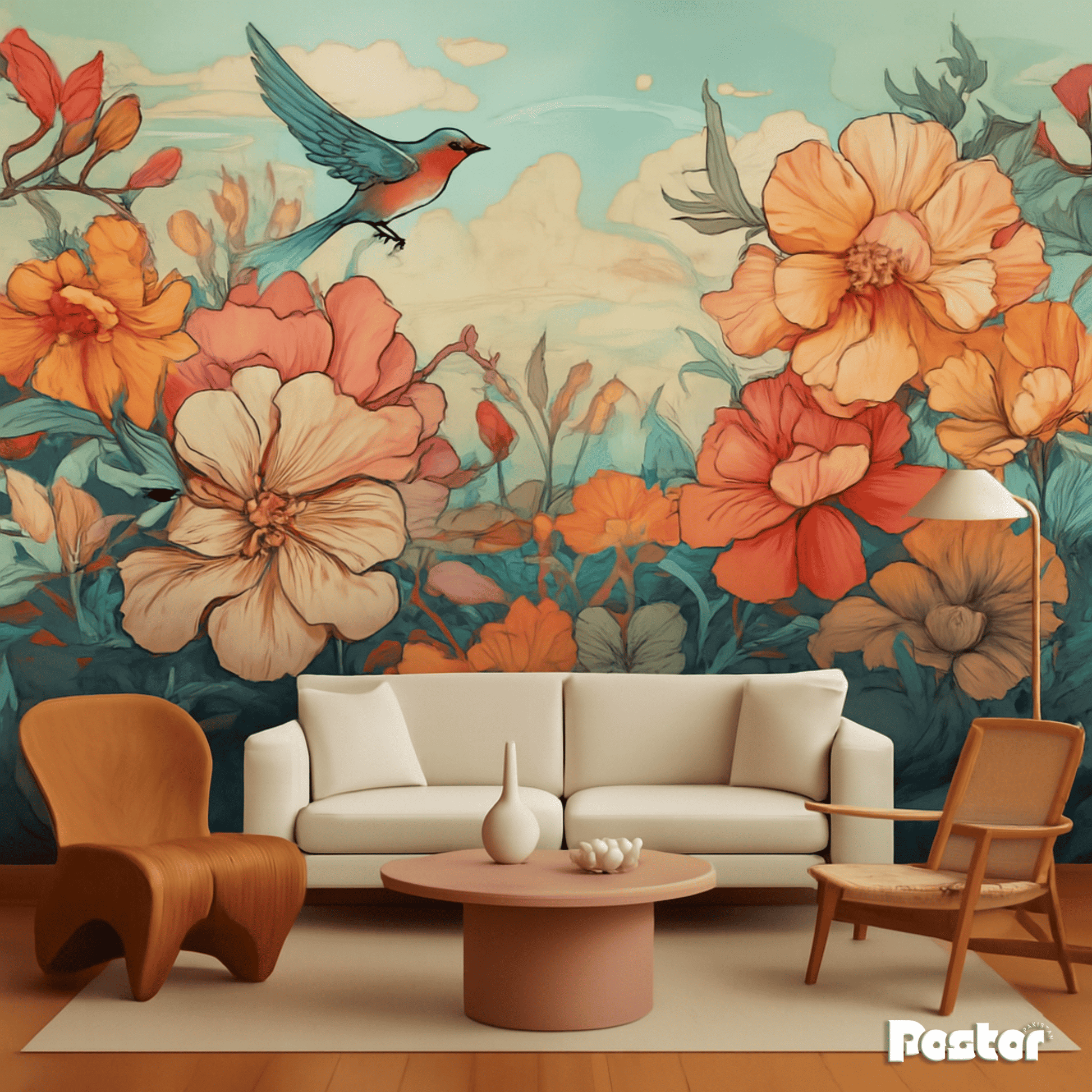 “Whimsical Meadow” Floral & Bird Wallpaper Mural #W017 - Postor.pk