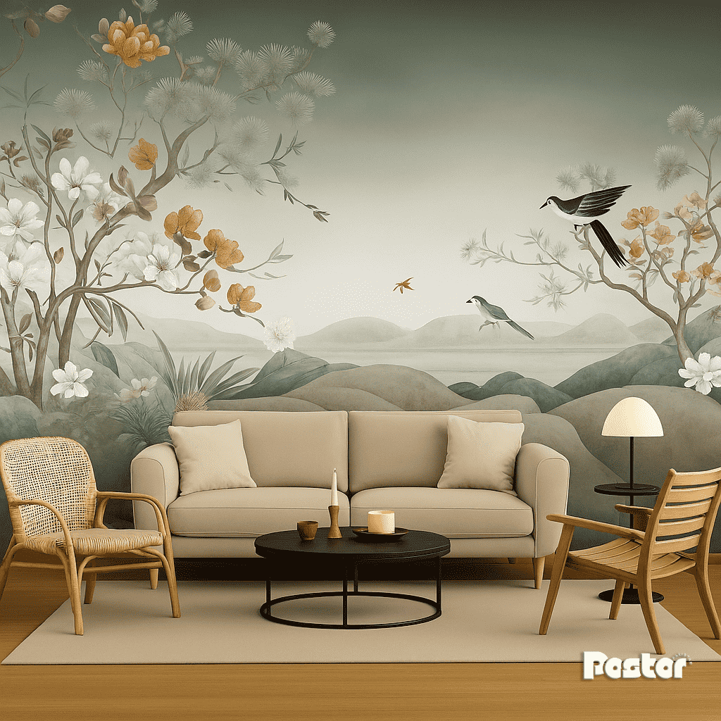 “Misty Lake” Chinoiserie Landscape Wallpaper Mural - #W013 - Postor.pk
