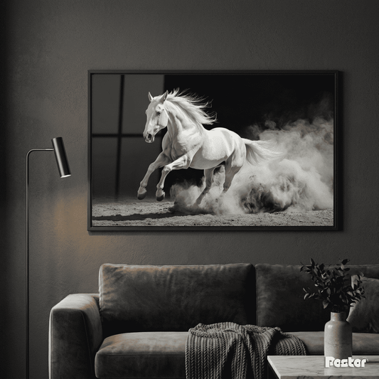 White Horse Galloping Through Dust & Smoke on Black Background - Postor.pk