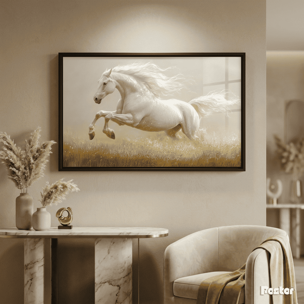 White Horse Leaping in Luminous Golden Meadow - Postor.pk