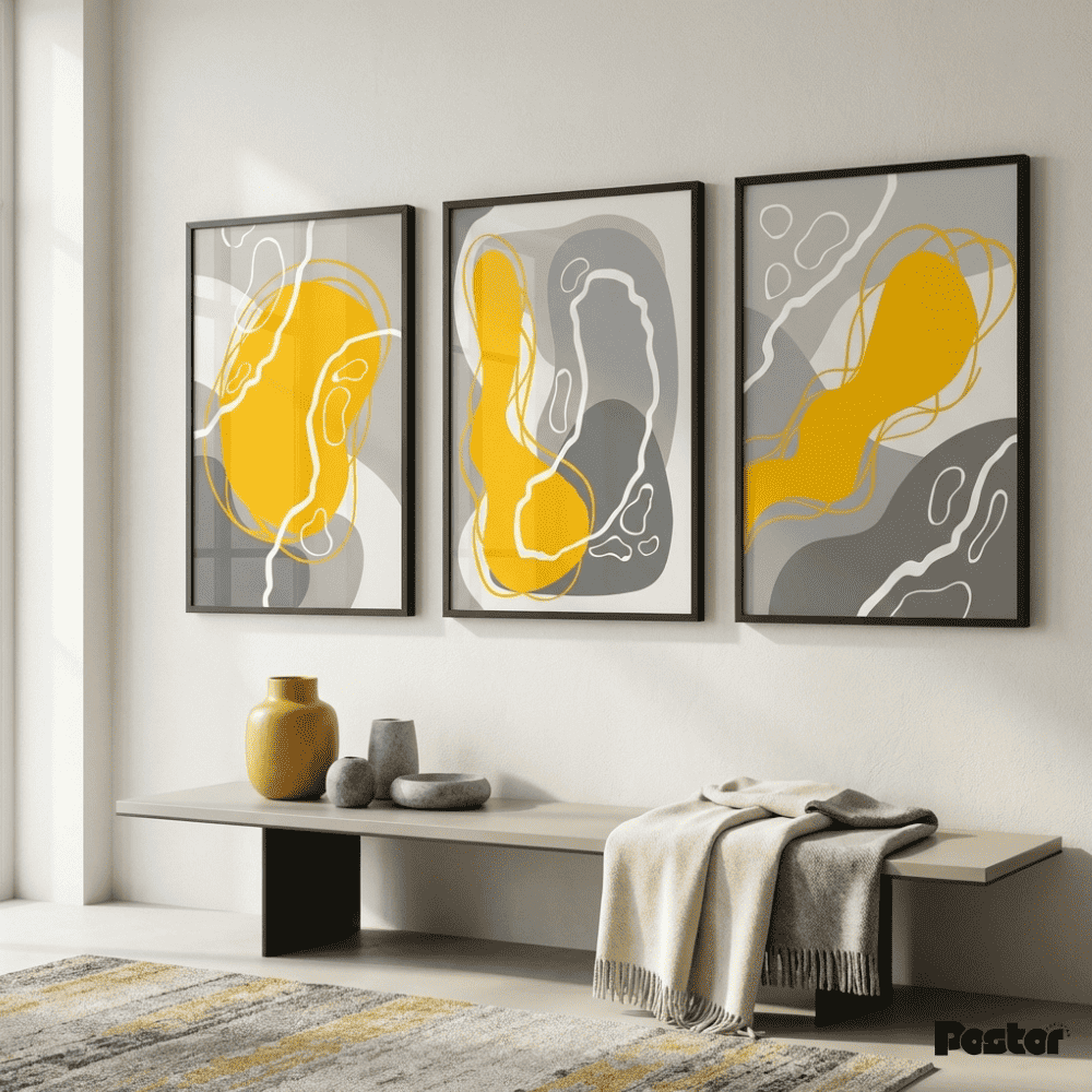 Yellow & Grey Abstract Fluid Line Art Poster Set - Postor.pk