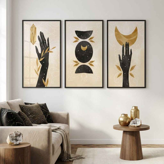 he Alchemist’s Vision: Moon & Crystal Triptych | Luxury Modern Wall Art Set