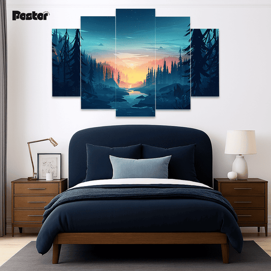 'Twilight Wilderness' Stylized Forest 5-Panel Canvas Art #S016 - Postor.pk